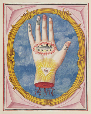 Hand of the Philosophers painting with symbols representing various elements and ingredients of the Alchemical process