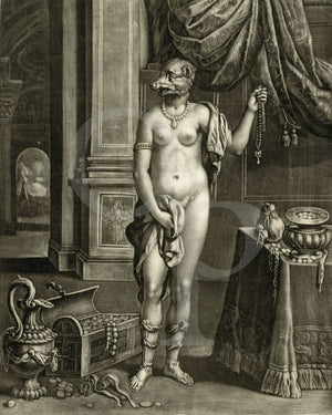 Female Nude with head of a bear, standing in a decadent setting. Antique engraving