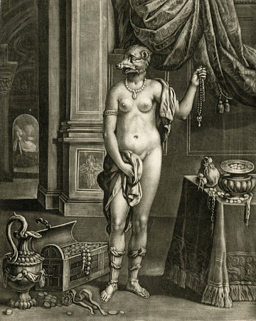 Female Nude with Head of a Bear. Antique engraving