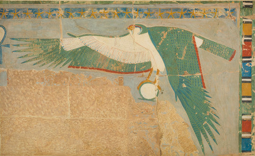 A facsimile painting of a falcon protecting the king, from Hatshepsut's Temple, Thebes, Egypt. Fine art print