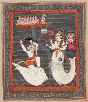  Matsya Confronting a Demon. Pajabi Vedic manuscript illustration. Hindu deities. 