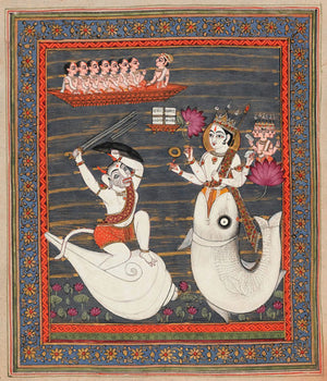  Matsya Confronting a Demon. Pajabi Vedic manuscript illustration