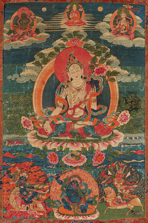 Tibetan Buddhist thangka painting of Sgrol-dkar. The White Tara. Fine art print