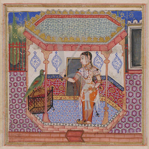 Persian painting from Tales of a Parrot. Woman talking to bird. Fine art print