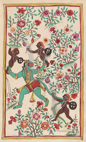 Hanuman in Ravana's Garden. Indian painting from Rāmāyana. Hindu. Fine art print