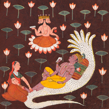 Indian painting of Vishnu laying on Ananta, the endless serpent, Antique Hindu artwork. Fine art print 
