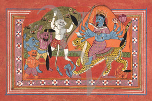 Indian painting of a ten-armed Devi, possibly Durga, slaying demons