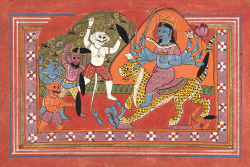 Indian painting of a ten-armed Devi, possibly Durga, slaying demons