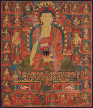 Tibetan Buddhist Thangka painting depicting Buddha at the moment of his enlightenment. Fine art print