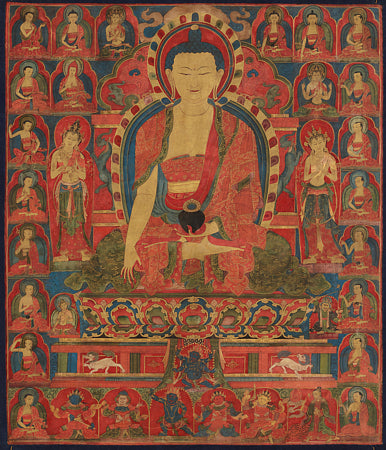 Shakyamuni Buddha. Tibetan Thangka painting depicting Buddha at the moment of his enlightenment.
