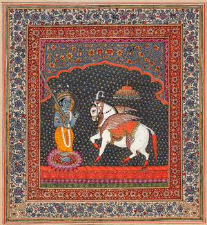 Kalki, white horse Avatar of Lord Vishnu. Indian Hindu painting. Fine art print