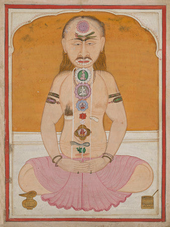 Indian Tantric painting of a cross-legged meditating figure illustrating the chakras and kundalini. Fine art print