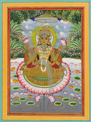 Indian painting of Hindu Goddess Lakshmi sitting on a lotus flower. Fine art print