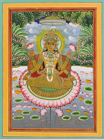 Indian painting of Hindu Goddess Lakshmi sitting on a lotus flower. Fine art print