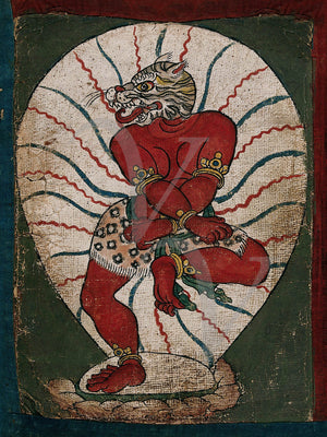 Tibetan painting of a red demon with a tiger's head. Tibet