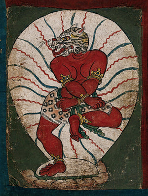 Tibetan painting of a red demon with a tiger's head