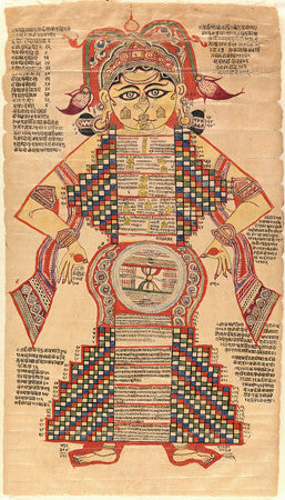 Watercolour textile painting depicting the Jain concept of the universe in the form of a cosmic man. Fine art print 