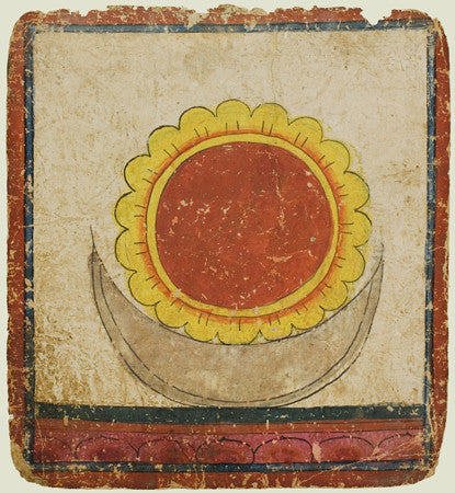 Sun, Moon and Lotus on a Lotus Throne Tsakali. Tibetan Buddhist initiation card. Fine art print