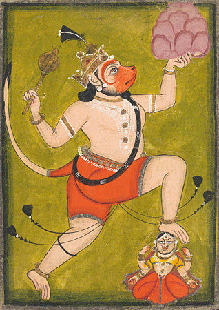 Hanuman Carrying the Mountain. Indian painting. Hindu deity. Fine art print