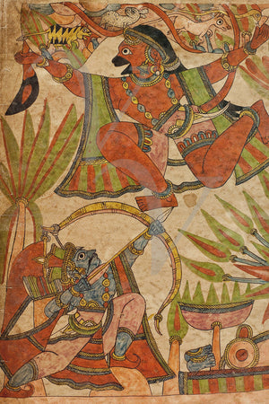 Painting from the Ramayama of Bharata Shooting at Hanuman. Indian painting. Fine art print