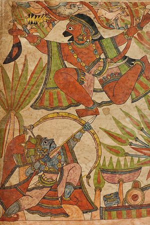 Painting from the Ramayama of Bharata Shooting at Hanuman. Indian painting. Fine art print