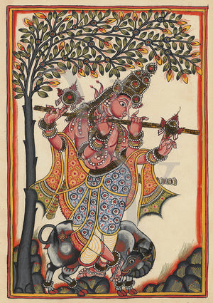 Lord Krishna with a cow. Hindu deities. India. Fine art print