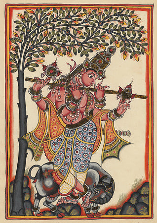 Lord Krishna with a cow. Hindu deity. India. Fine art print