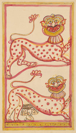 Kashyapa and Mahamaya in the aspect of lions. Hindu fine art print