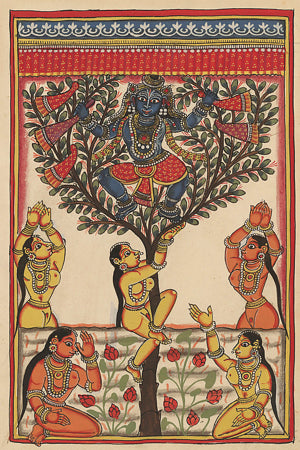 The child Krishna take the clothes of the bathing Gopis and hides in a tree, Indian painting. Fine art print