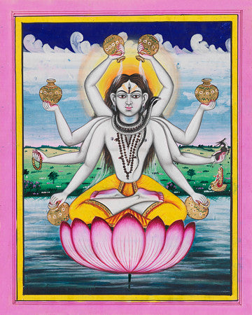 Indian painting of Shiva seated on a lotus. Hindu fine art print