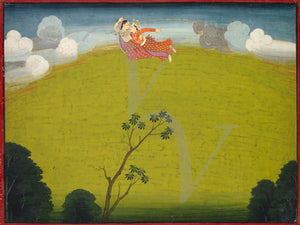 Pradyumna and Mayavati Fly to Dvaraka. Indian painting. Fine art print