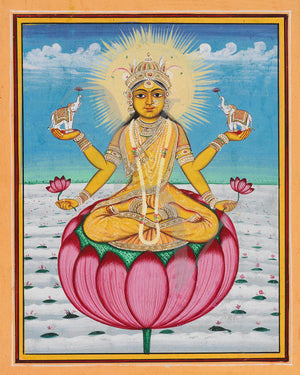 Lakshmi Sitting on a Lotus. Indian Hindu Deity painting. Fine art print
