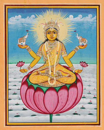 Lakshmi Sitting on a Lotus. Indian Hindu Deity painting. Fine art print