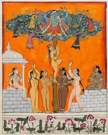 Painting of Krishna stealing the clothes of the bathing Gopis. Fine art print 