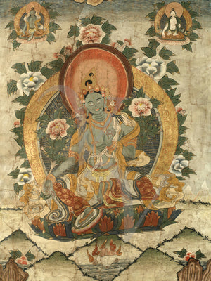 Tibetan painting of Green Tara seated on a lotus throne. Buddhism. Fine art print
