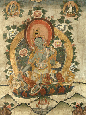 Tibetan painting of Green Tara seated on a lotus throne. Buddhist fine art print