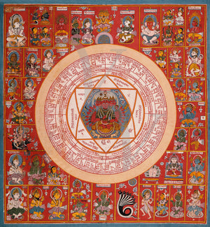 Indian painting of a mystical tantric diagram for the worship of the Hindu Deity Pratyangira devi 