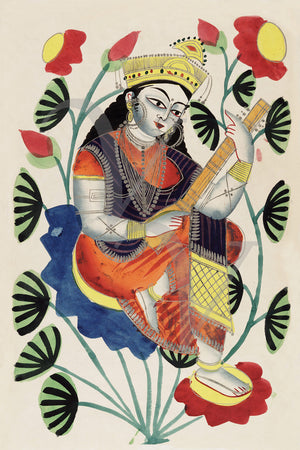 Kalighat painting of the Goddess Sarasvati, India. Hindu Deity. Fine art print