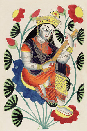 Kalighat painting of Sarasvati, India. Hindu Goddess. Fine art print