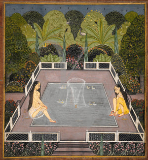 Indian, Mughal painting of Women by a Garden Pool. Fine art print