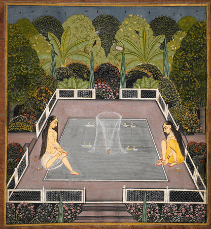 Indian, Mughal painting of Women by a Garden Pool. Fine art print
