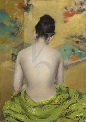 Study of Flesh and Gold by William Merritt Chase. Painting of the back of a female nude. Fine art print