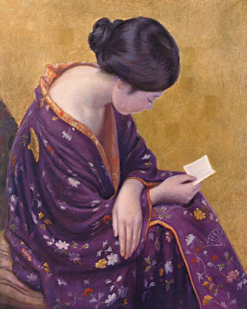 The Letter by Okada Saburosuke. Painting of a Japanese woman in a Kimono reading a note. Fine art print