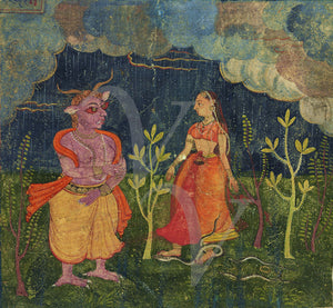 Abhisarika Nayika painting from the Rasikpriya by Keshavdas. Radha braves the night to meet her lover Krishna. Fine art print