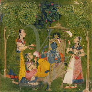 Krishna enthroned, attented to by the Gopis. Indian, Pahari painting
