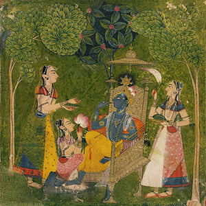 Krishna sitting on a throne attented to by the Gopis. Indian, Pahari painting