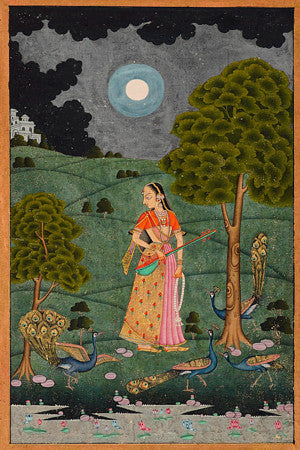 Indian Ragamala painting. Woman with peacocks under a full moon