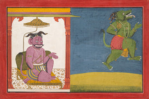 The Demon Hiranyaksha leaves the Demon Palace. Indian painting from the Bhagavata Purana