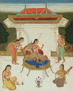 Indian painting of a Princess with attendants on a terrace