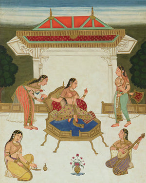 Antique Indian painting of a Princess with attendants on a terrace